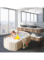 Huitich safe baby bathtub for 0-5 years with foam and yellow rubber duck in modern bathroom