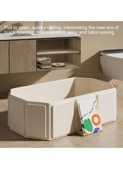 Huitich safe baby bathtub for 0-5 years with easy pull-to-open design in beige bathroom setting