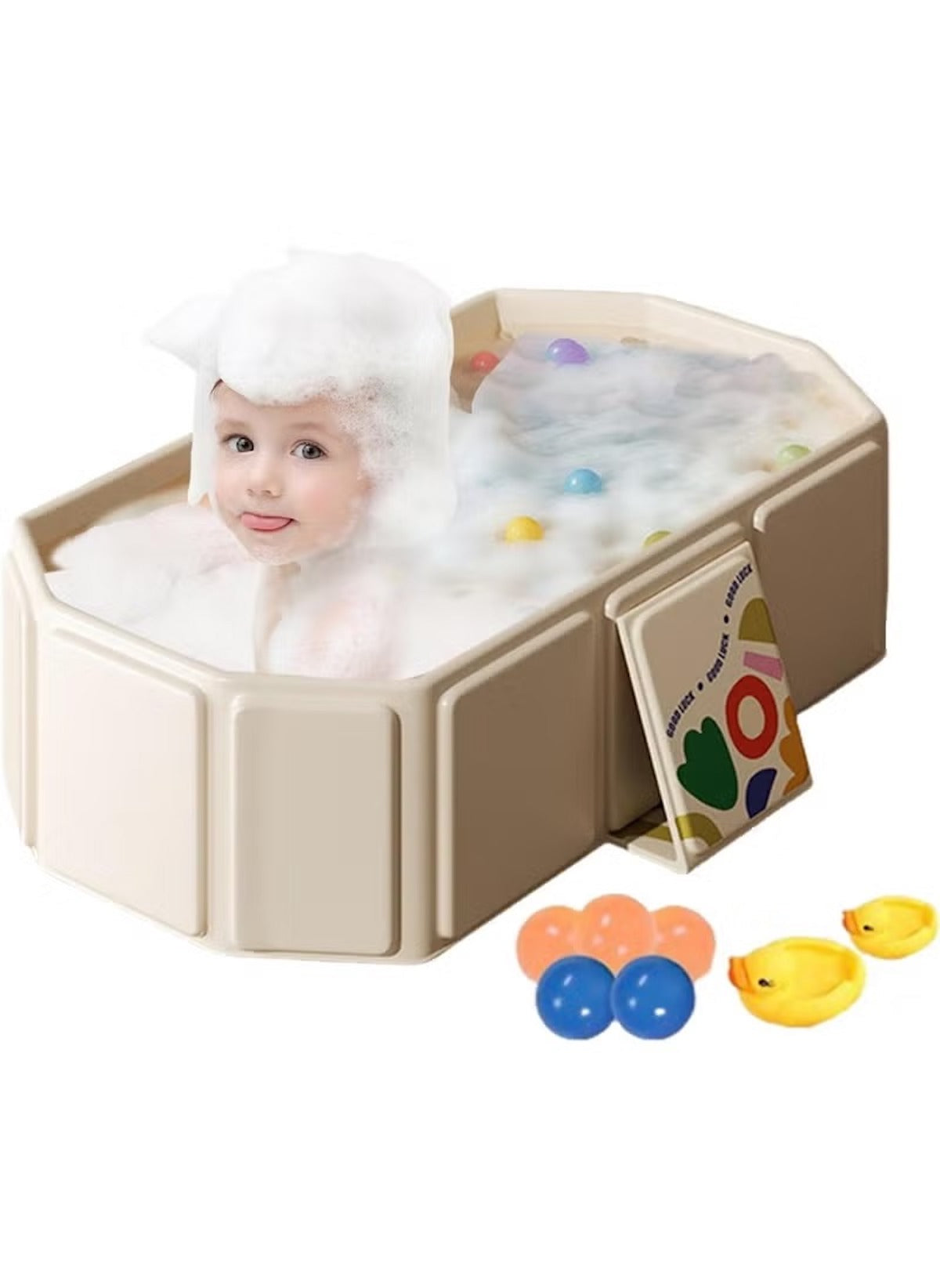 Huitich safe baby bathtub for 0-5 years with beige foldable panels, colorful balls, and bath toys