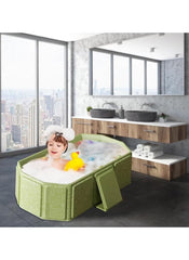 Huitich safe baby bathtub for 0-5 years filled with bubbles and a child playing with a yellow rubber duck