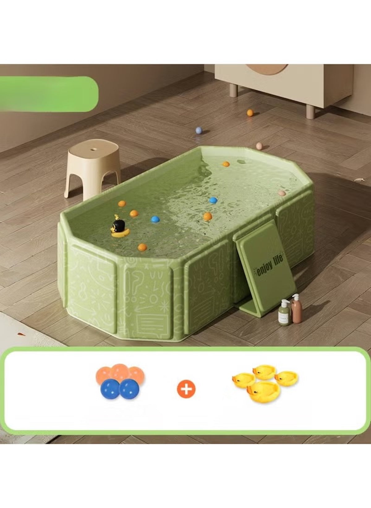 Huitich safe baby bathtub for 0-5 years in green with toys and a small stool in a modern bathroom