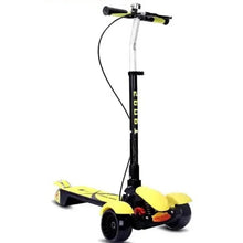 3-wheel toddler ride-on scooter with yellow deck and black handlebar, front wheel detail