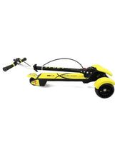 3-wheel toddler ride-on scooter, side view, yellow deck with black frame and front wheel