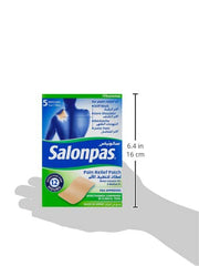 Salonpas pain relief patch box showing 5 patches for back neck and shoulder pain with 12 hour relief