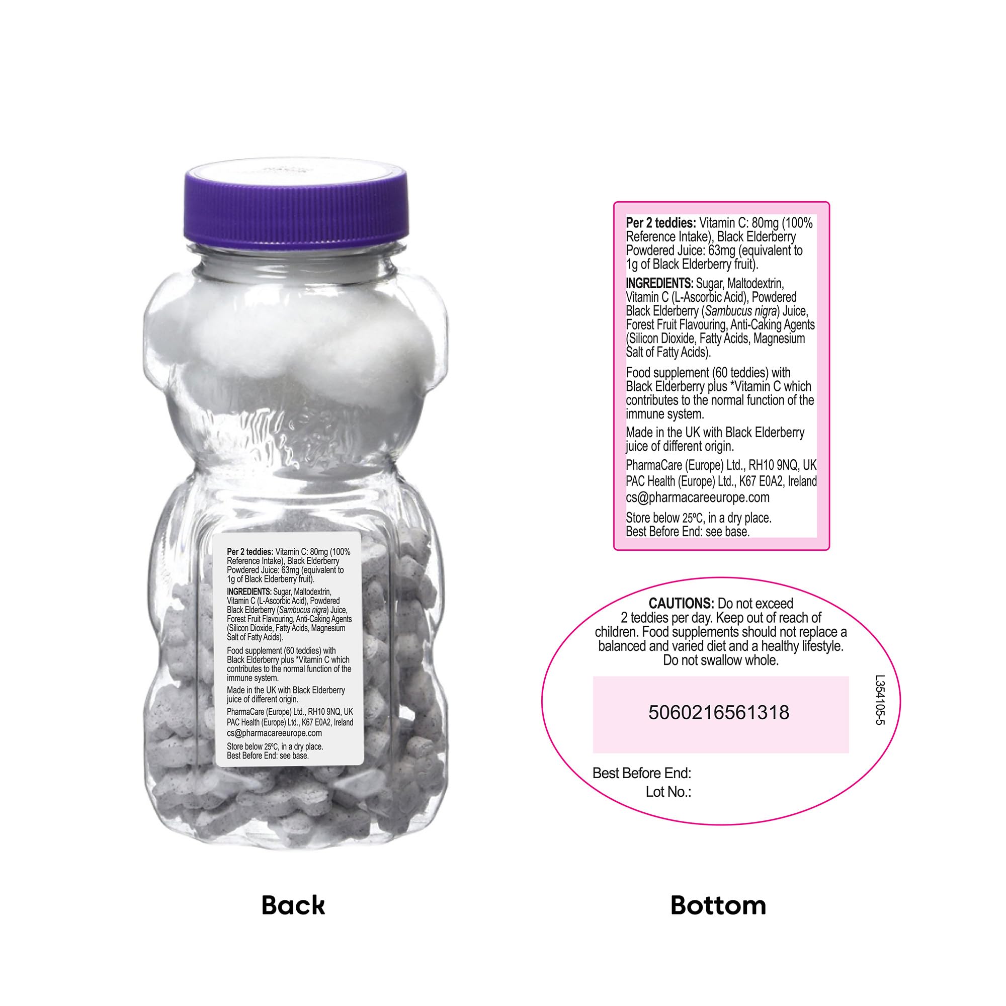 Sambucol gummy bear bottle back and bottom labels with ingredients and directions elderberry immune booster for kids