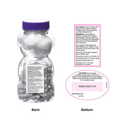 Sambucol gummy bear bottle back and bottom labels with ingredients and directions elderberry immune booster for kids