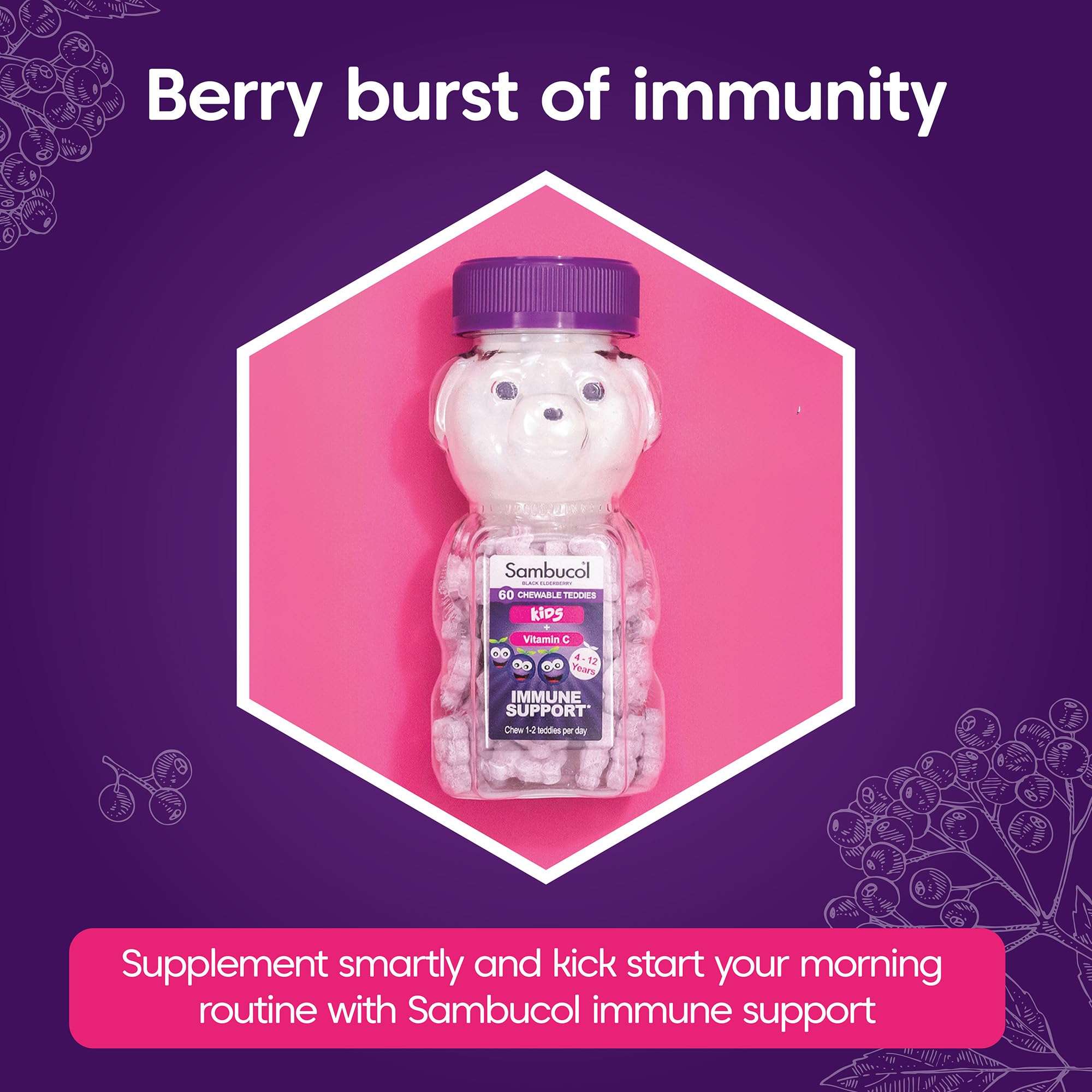 Sambucol gummy bear bottle on purple background labeled immune support elderberry immune booster for kids