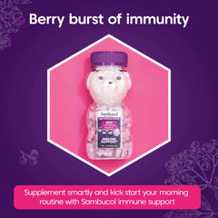 Sambucol gummy bear bottle on purple background labeled immune support elderberry immune booster for kids