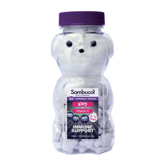 Sambucol bear bottle of white chewable teddies with purple cap and label showing elderberry immune booster for kids