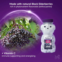 Sambucol bear bottle and fresh elderberry cluster highlighting elderberry immune booster for kids with vitamin C