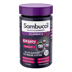 Sambucol black elderberry kids immune support gummies bottle with purple lid and smiling berry characters