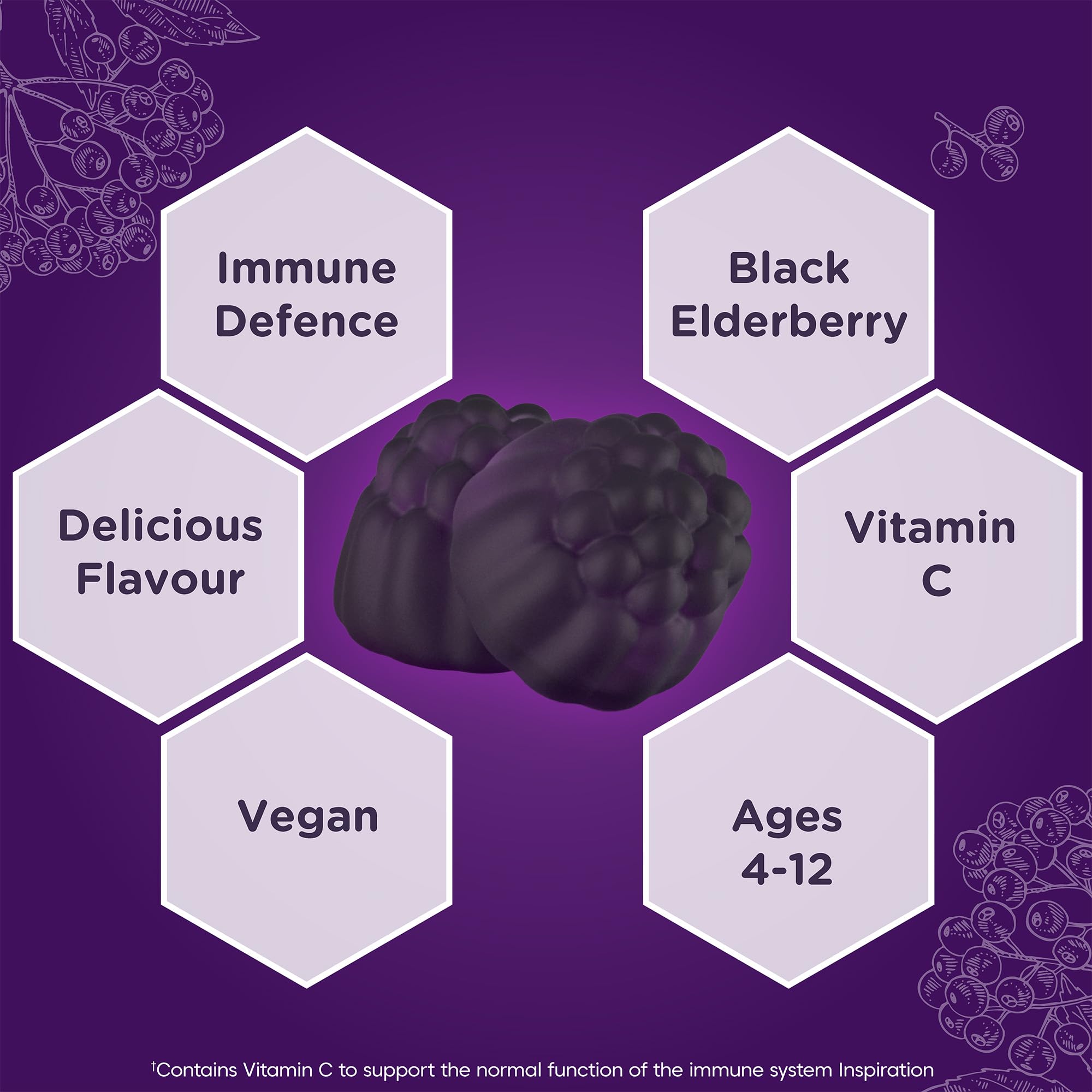 Sambucol black elderberry gummy close up with hexagon labels showing benefits kids immune support gummies