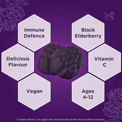 Sambucol black elderberry gummy close up with hexagon labels showing benefits kids immune support gummies