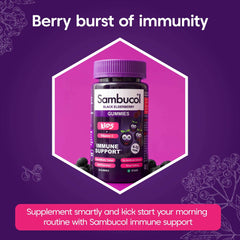 Sambucol Black Elderberry bottle of kids immune support gummies with vitamin C on purple promotional background