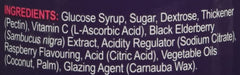Sambucol ingredients label close up listing black elderberry vitamin C and sugars for kids immune support gummies