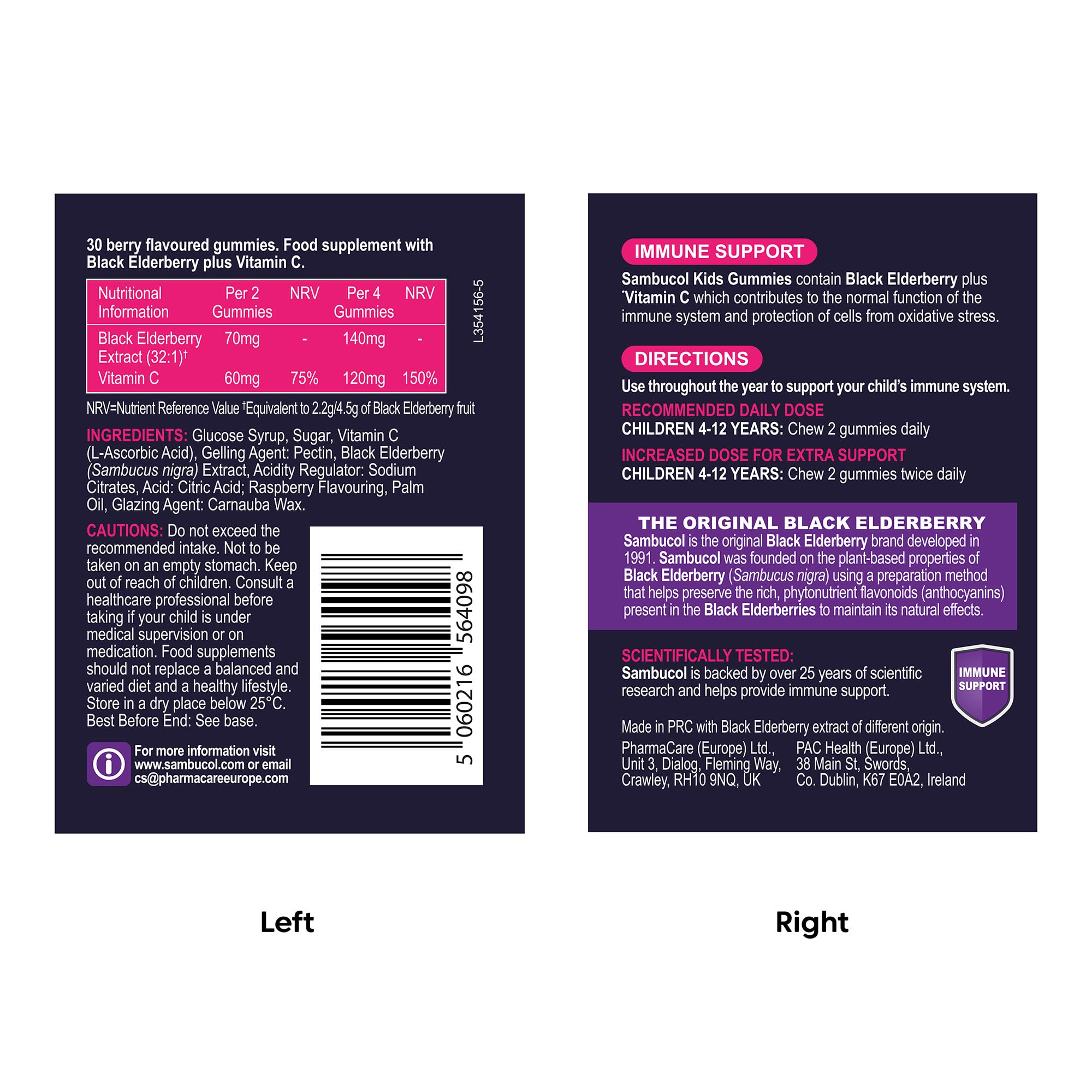 Sambucol kids immune support gummies label showing nutritional info directions and black elderberry benefits