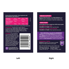 Sambucol kids immune support gummies label showing nutritional info directions and black elderberry benefits