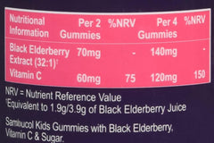 Sambucol kids immune support gummies nutrition label showing black elderberry extract and vitamin C amounts