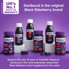 Sambucol kids immune support gummies and elderberry syrups display with purple packaging