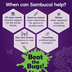 Sambucol kids immune support gummies promotional graphic showing when to use back to school winter travel daycare