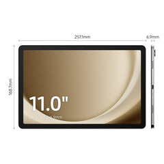 Samsung Galaxy Tab A9 Plus 128GB tablet with 11 inch display showing dimensions and side profile