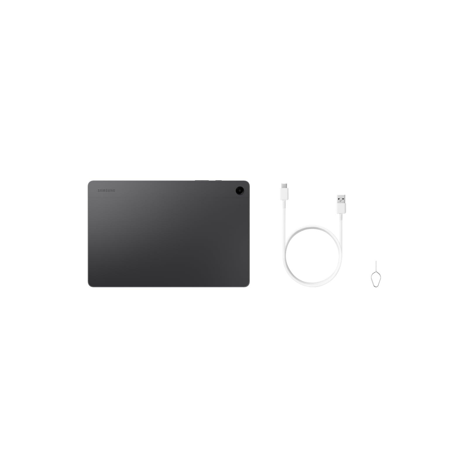 Samsung Galaxy Tab A9 Plus 128GB tablet in black with USB charging cable and SIM ejector tool