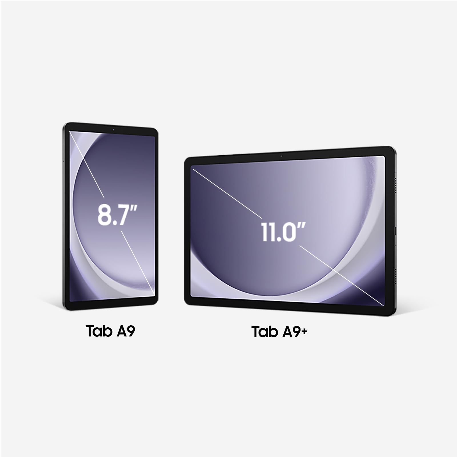 Samsung Galaxy Tab A9 Plus 128GB tablet with 11 inch display shown next to Samsung Galaxy Tab A9 8.7 inch tablet