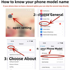 Mumzar Samsung Galaxy A24 back cover replacement guide collage showing iPhone Settings General About steps to find phone model
