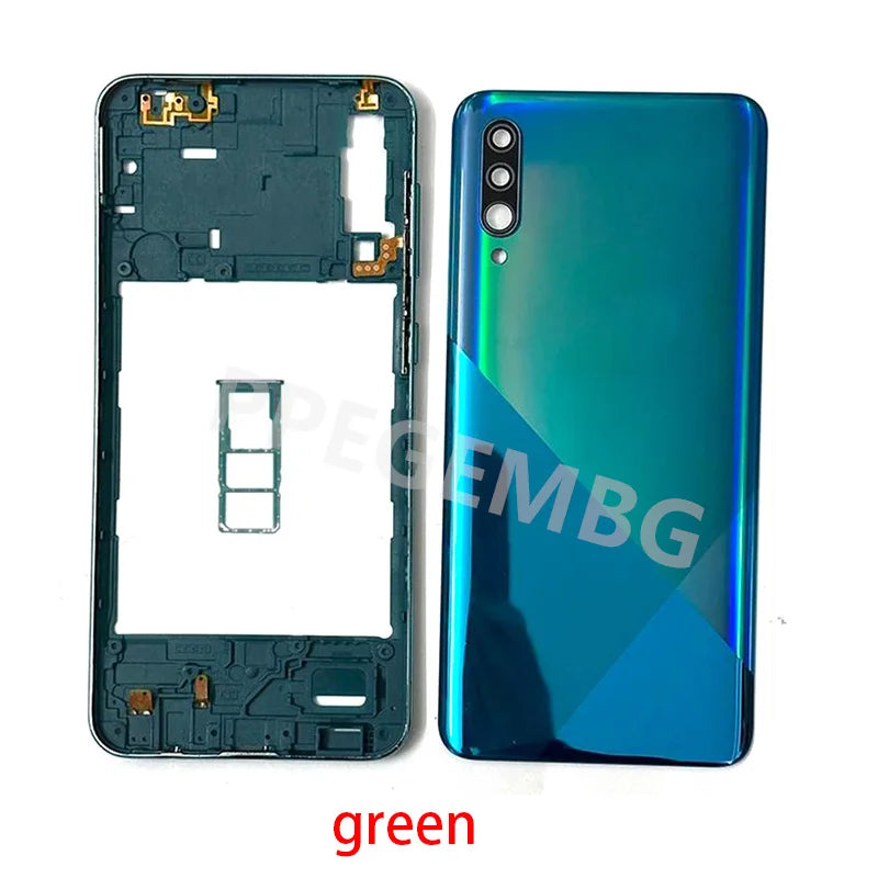 Mumzar Samsung Galaxy A30s back cover replacement in green glossy gradient with matching mid frame shown