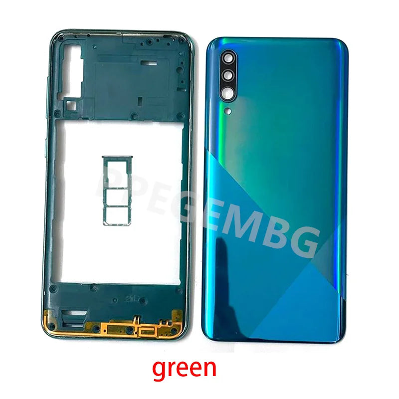 Samsung Galaxy A30s back cover replacement green glossy gradient with triple camera cutout and inner frame