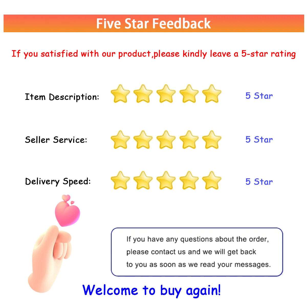 Feedback graphic with five star ratings for item seller delivery Samsung Galaxy S20 Plus back cover replacement