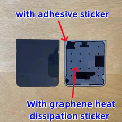 Samsung Galaxy Z Flip5 back cover replacement showing black rear panel and inner adhesive and graphene heat dissipation sticker