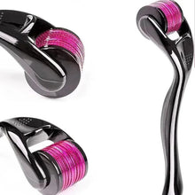 Face derma roller close-up with shiny black frame and purple microneedle drum