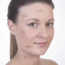 Face microneedling map with dotted forehead, eyebrows, cheeks, chin, and neck areas