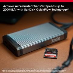 SanDisk 128GB Extreme PRO SD card next to a SanDisk portable SSD on a brown surface