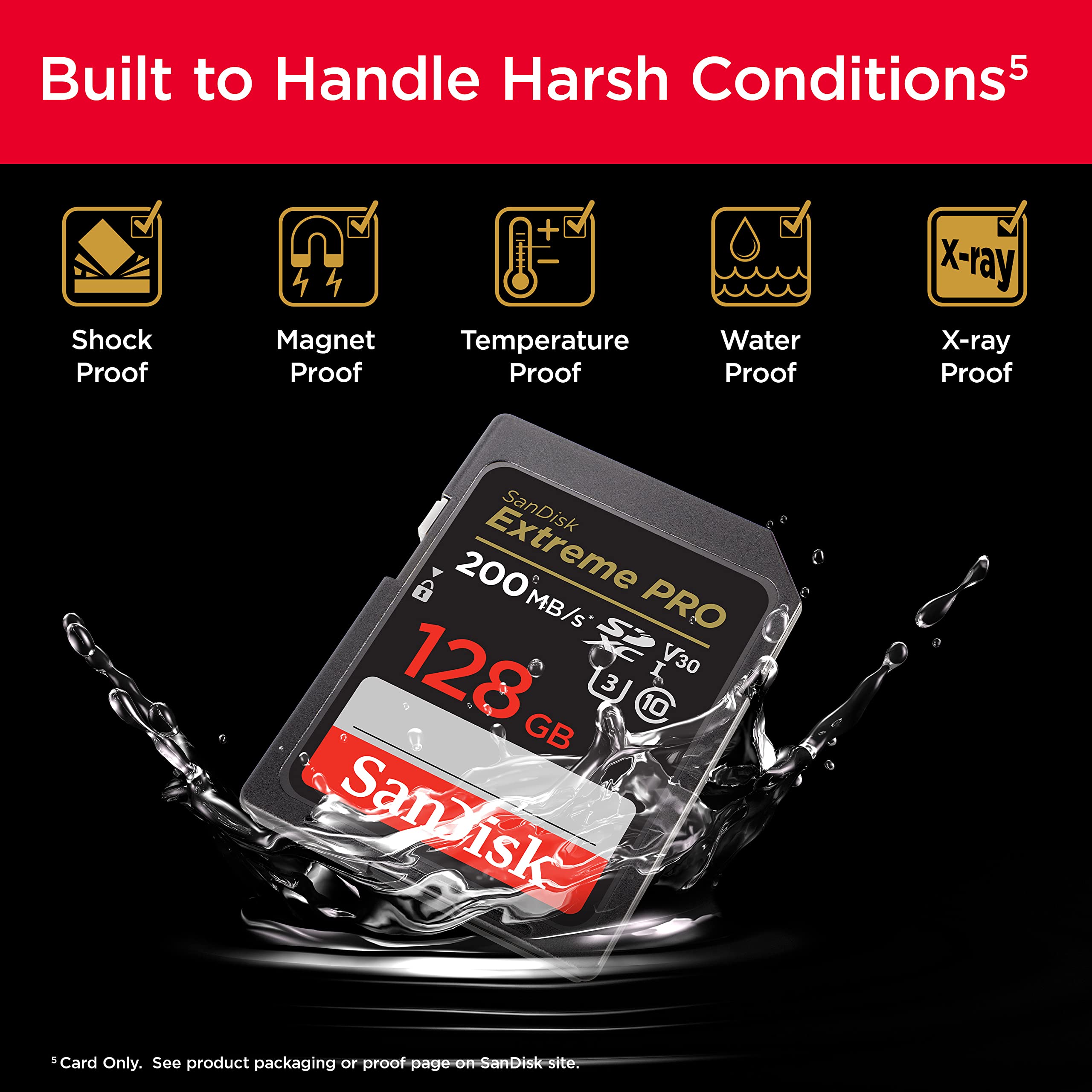 SanDisk 128GB Extreme PRO SD card shown with water splash highlighting shock proof magnet proof temperature proof water proof and x-ray proof features