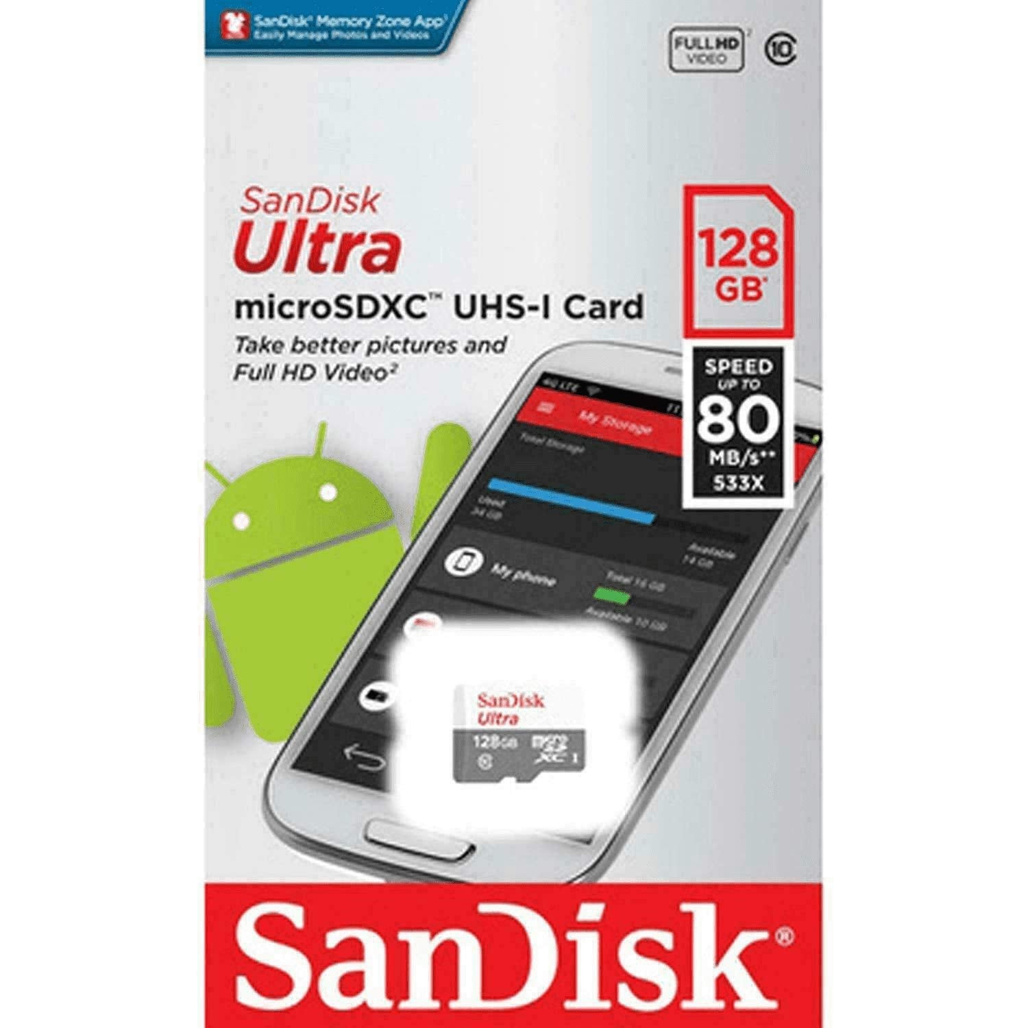 SanDisk 128GB microSD card Ultra microSDXC UHS-I with 80MBs speed for Full HD video and photos