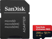 MicroSD adapter with SanDisk Extreme PRO 256GB card, black adapter and red label