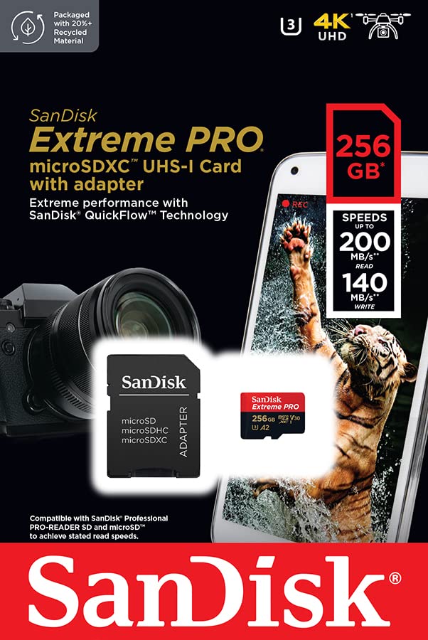 SanDisk 256GB Extreme Pro microSD card with adapter for high-speed 4K UHD video and professional camera use