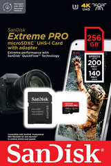 SanDisk 256GB Extreme Pro microSD card with adapter for high-speed 4K UHD video and professional camera use