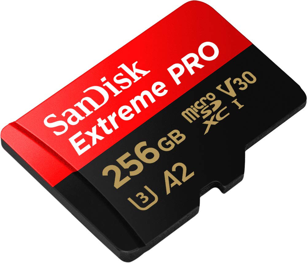 SanDisk 256GB Extreme Pro microSD card with red and black design for high-speed storage