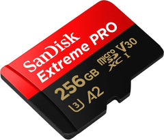 SanDisk 256GB Extreme Pro microSD card with red and black design for high-speed storage