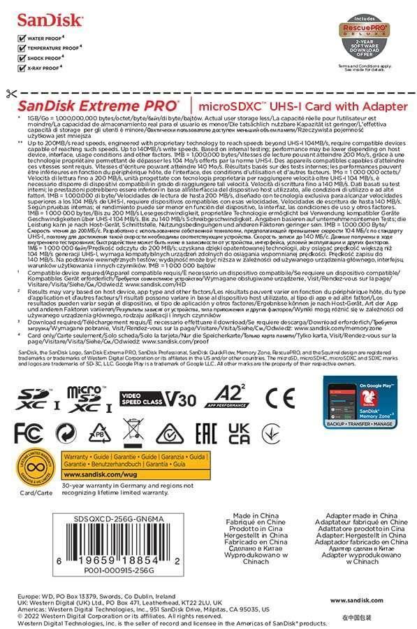 SanDisk Extreme PRO microSDXC card with adapter, back side showing labels