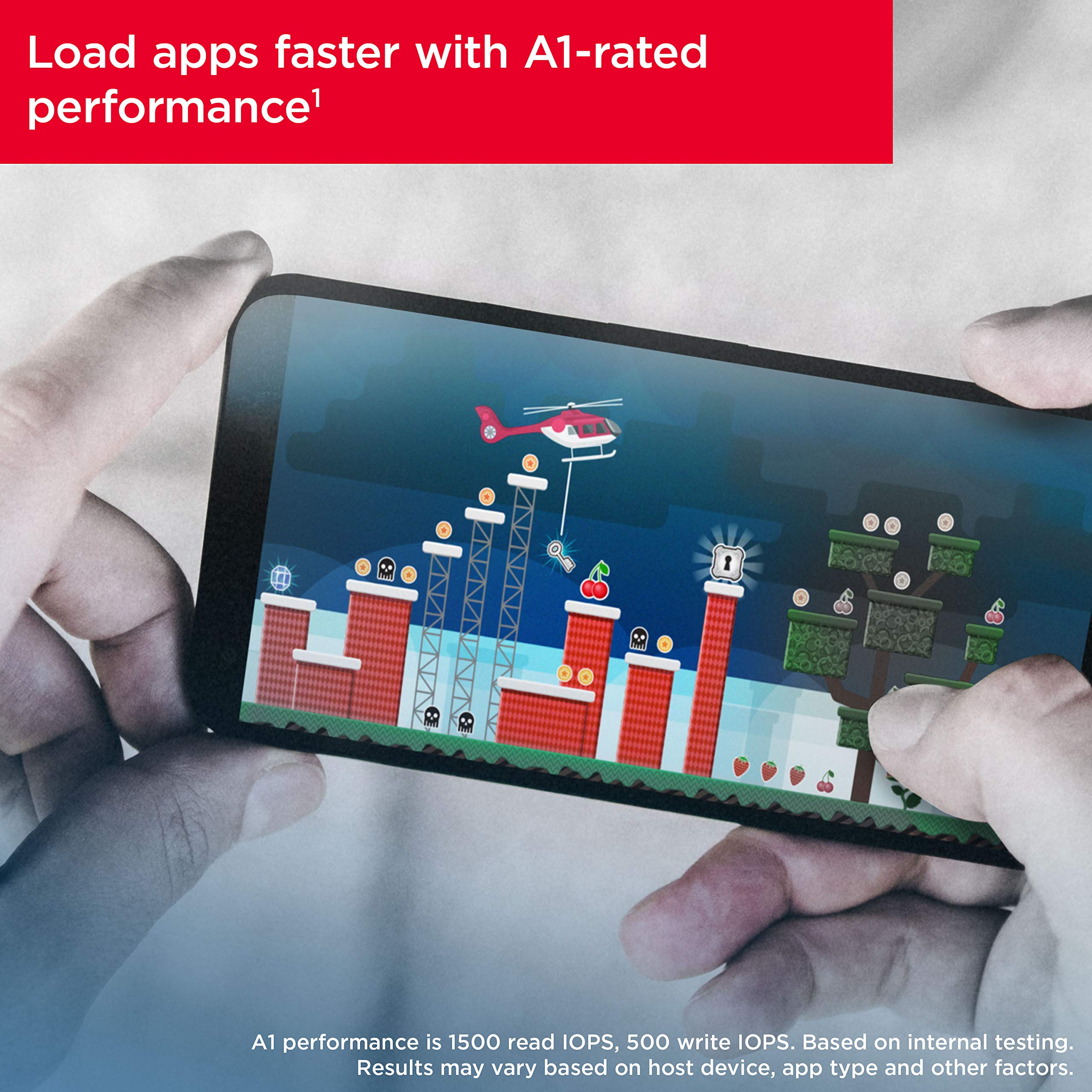 Hands holding smartphone playing game highlighting 256GB memory card for Android phones with A1-rated performance