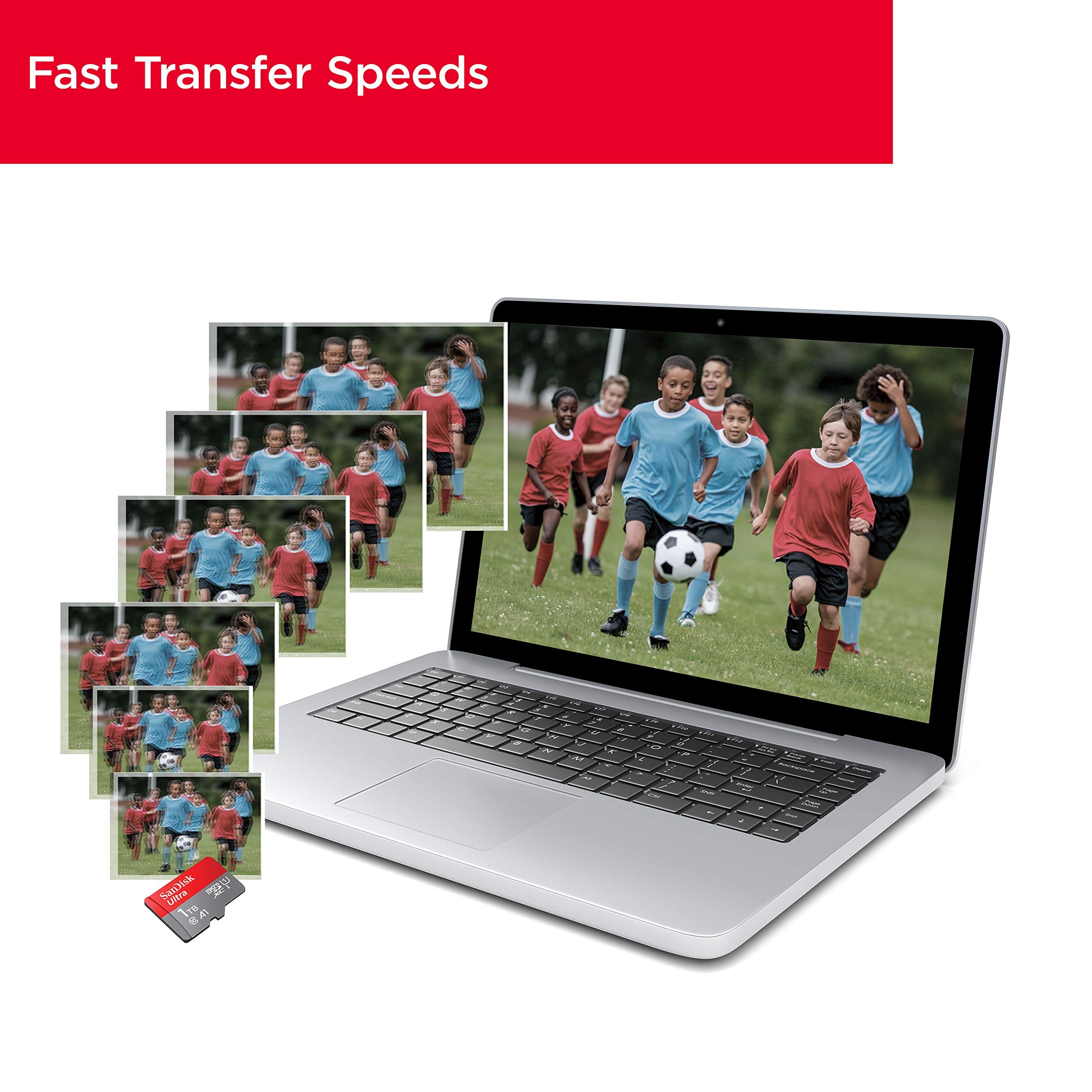 256GB memory card for Android phones showing fast transfer speeds with soccer game video on laptop screen