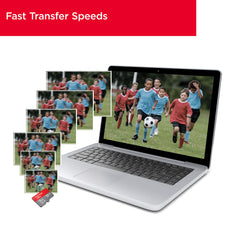 256GB memory card for Android phones showing fast transfer speeds with soccer game video on laptop screen