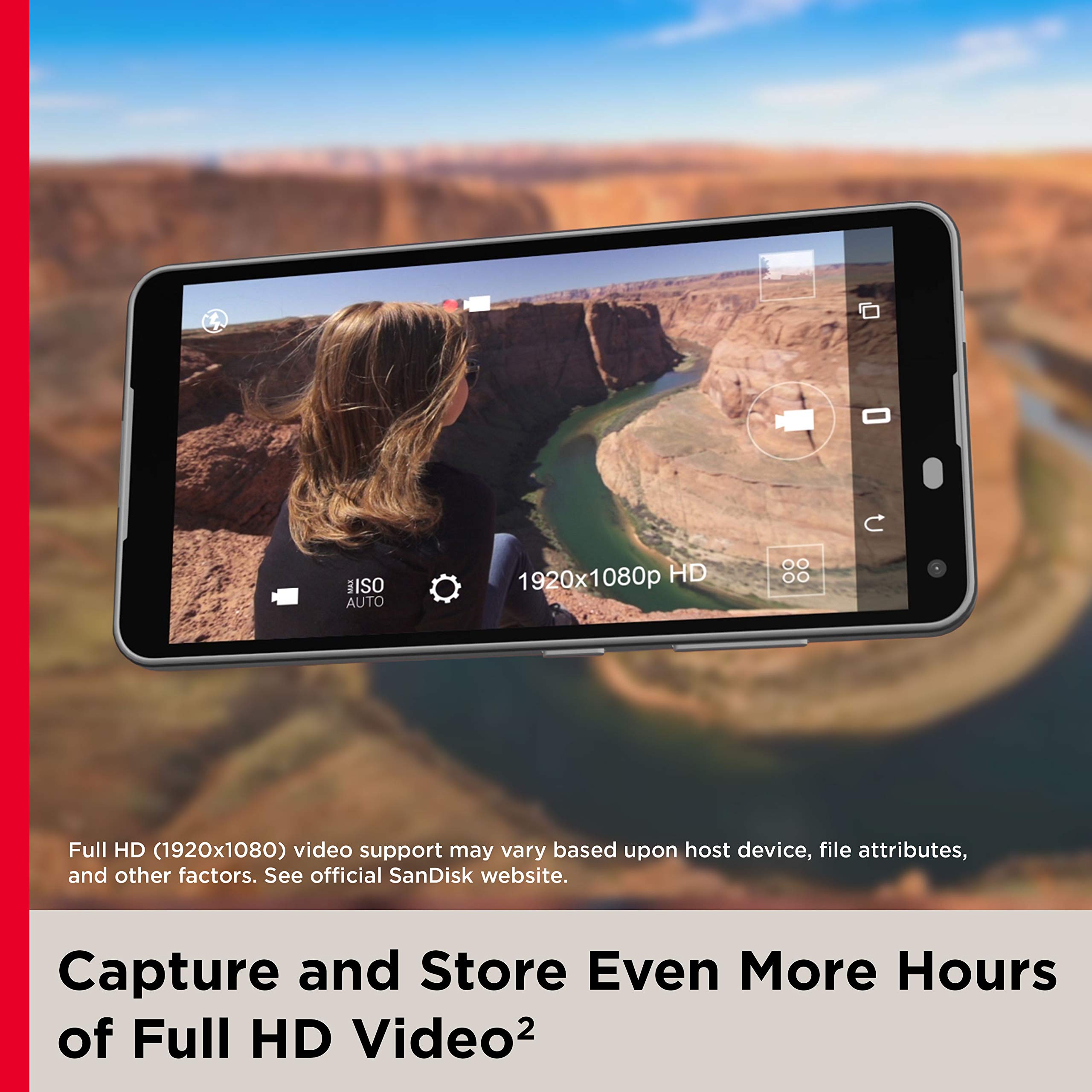 256GB memory card for Android phones showing Full HD video recording on smartphone landscape