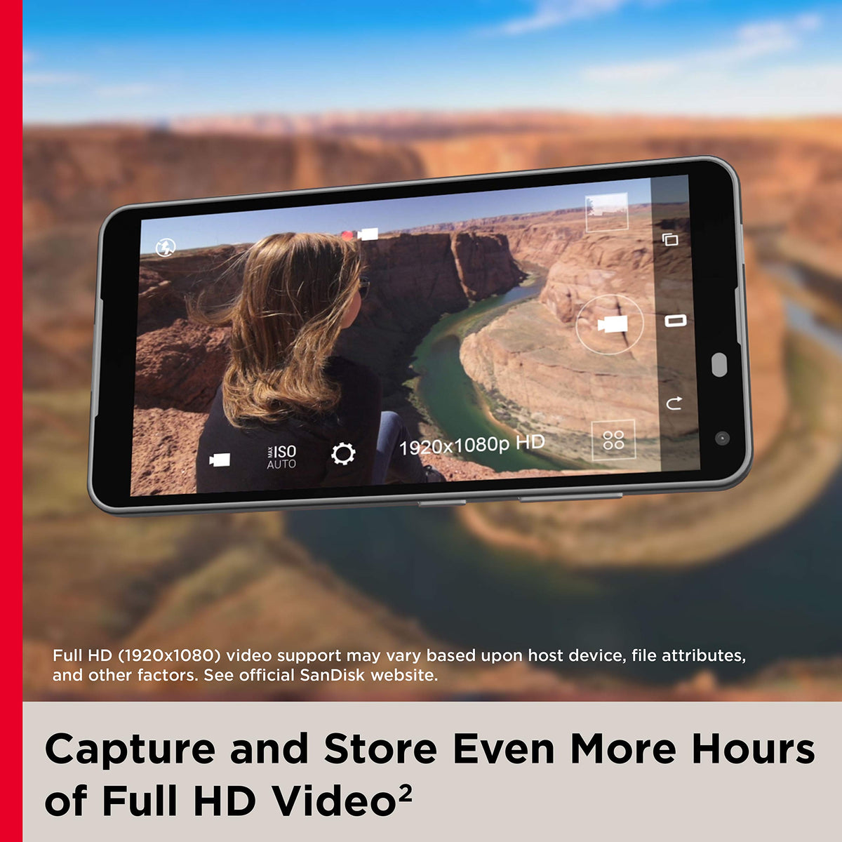 256GB memory card for Android phones showing Full HD video recording on smartphone landscape
