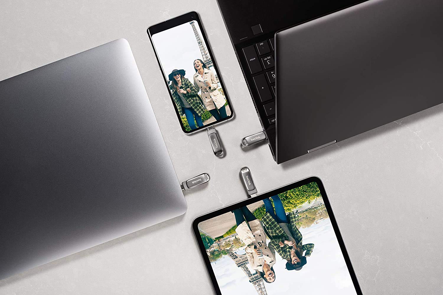SanDisk 512GB USB Type-C drive connected to multiple devices including laptops, smartphone, and tablet
