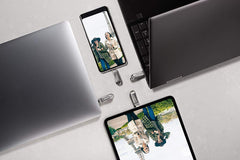 SanDisk 512GB USB Type-C drive connected to multiple devices including laptops, smartphone, and tablet